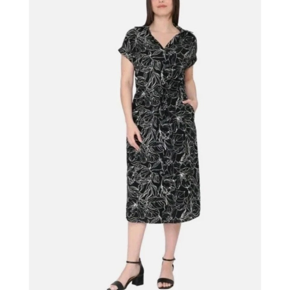 Jewel Badgley Mischka Black Floral Button Front Midi Dress Pockets Large NEW